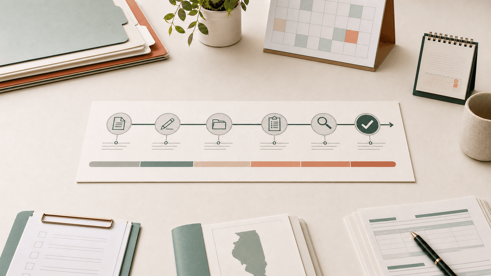 Credentialing timeline board with folders, calendars, payer documents, and Illinois map.