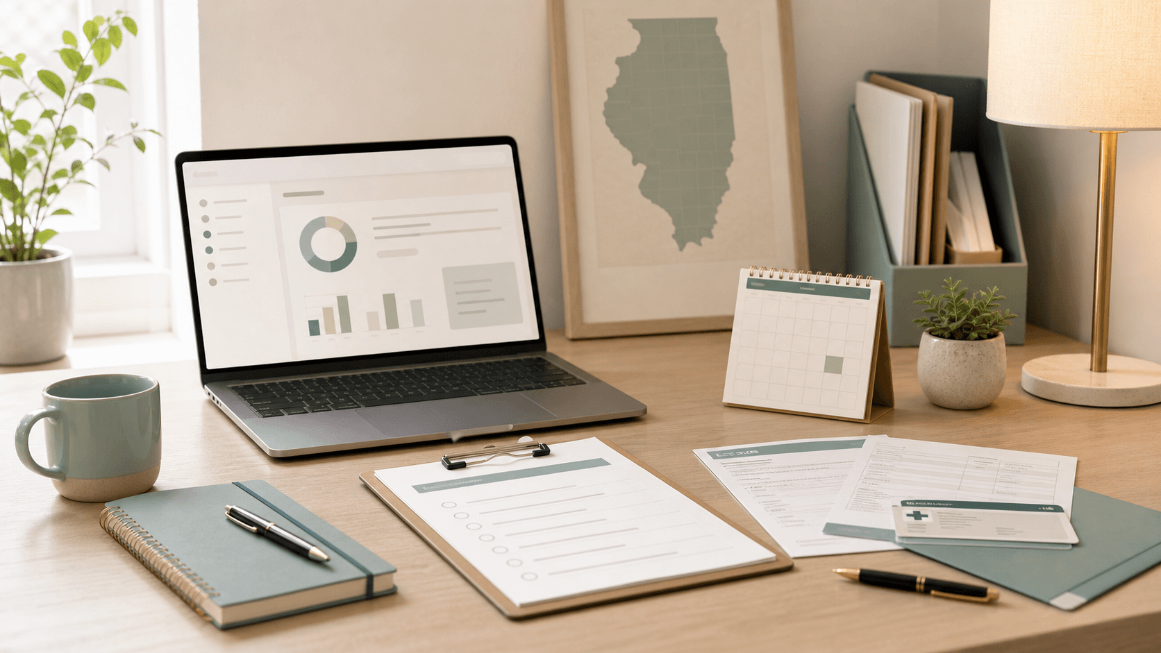 Therapy private practice setup desk with insurance forms, calendar, laptop, and Illinois map.