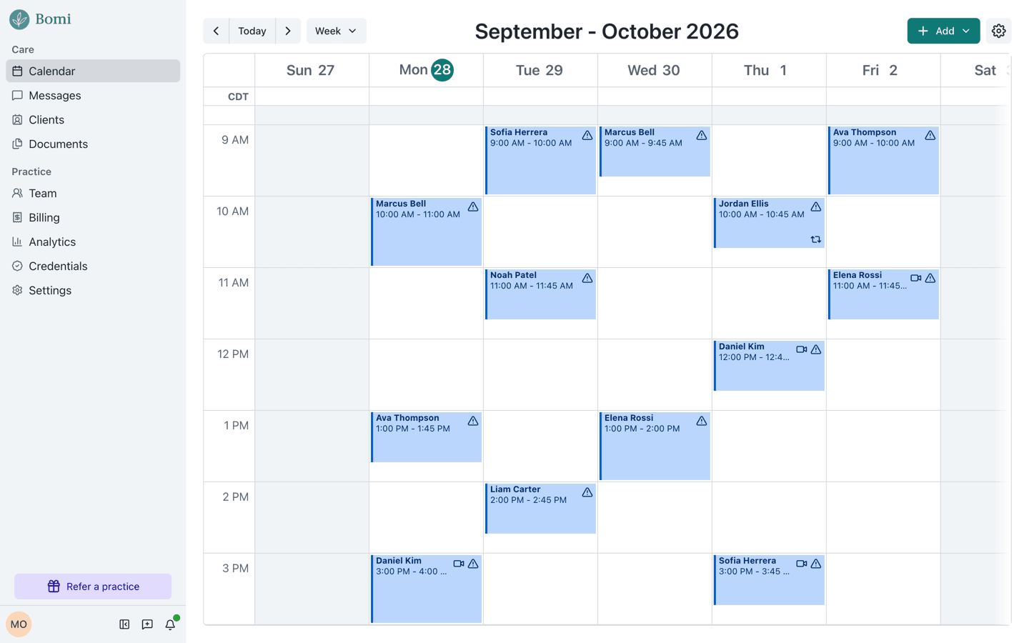 Week view of the Bomi EHR calendar for a demo practice.