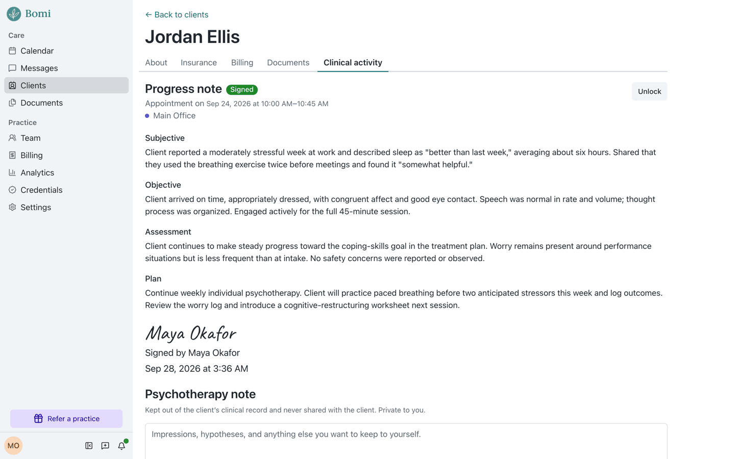 A demo client chart in the Bomi EHR with a progress note open.