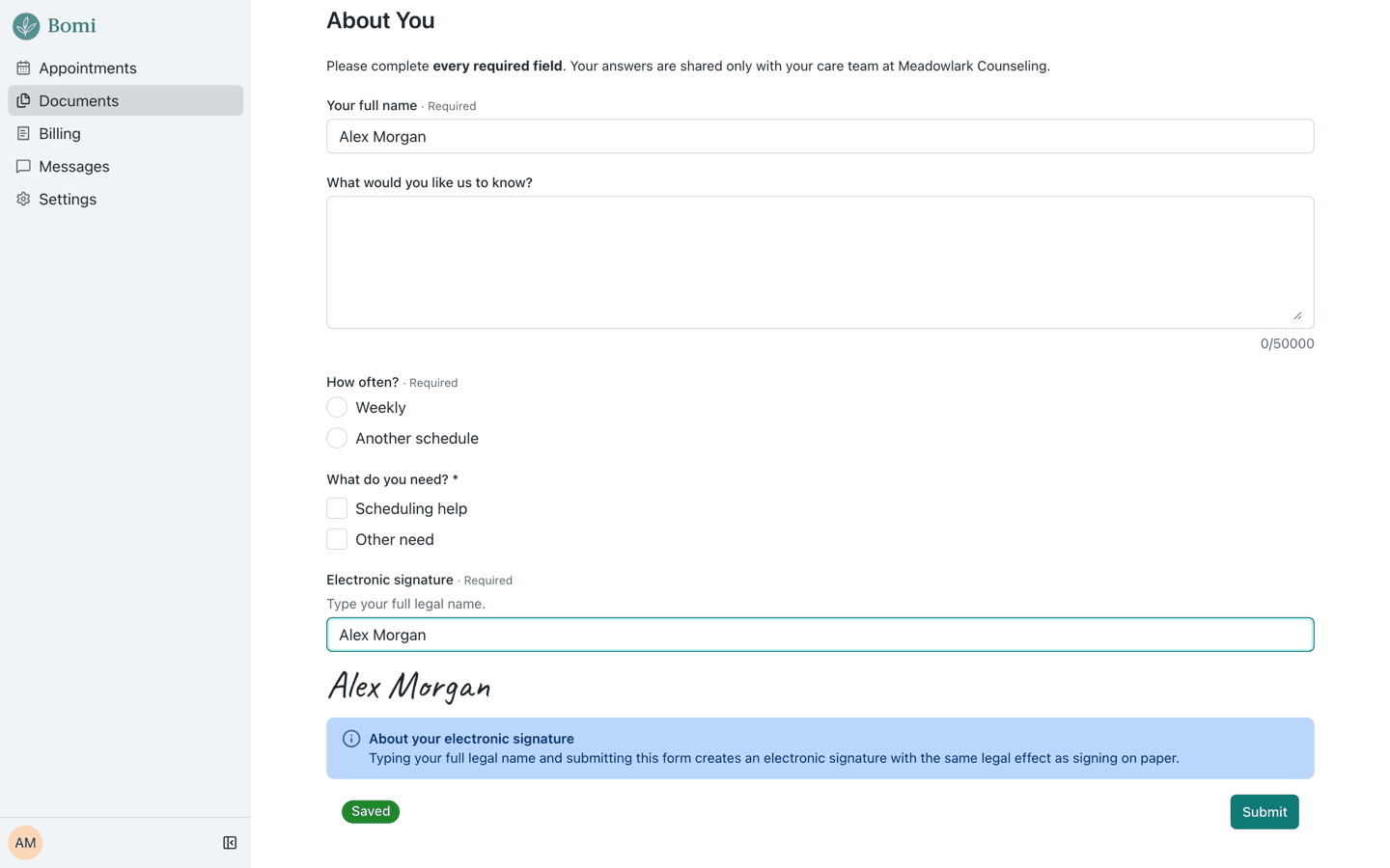 An intake form in the Bomi client portal with a typed electronic signature for a demo client.