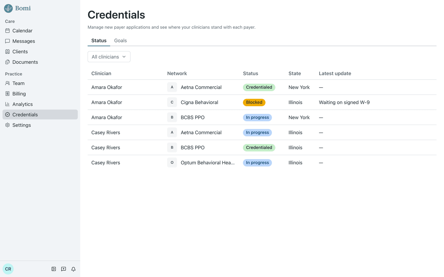The Bomi EHR credentialing page showing payer application status for a demo clinician.