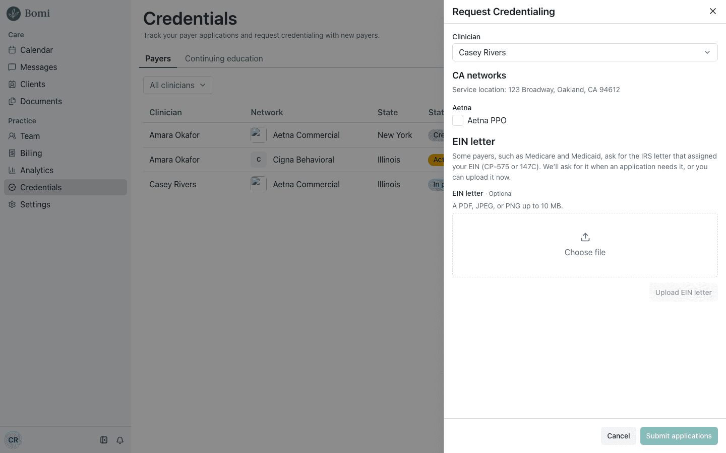 The Request credentialing drawer in Bomi EHR: pick a clinician, tick the payers, upload an EIN letter if a payer asks for one.