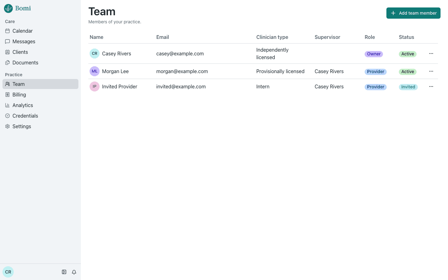 The Team page in Bomi EHR with the Add team member drawer open: name, email, role, supervisor.
