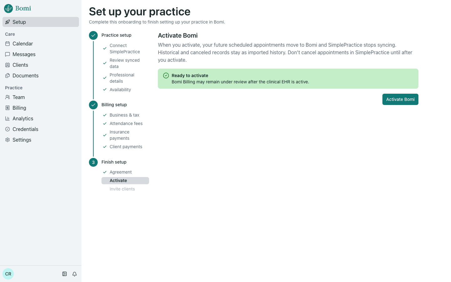 The Activate Bomi step explaining that future appointments move to Bomi and SimplePractice stops syncing. Demo data.