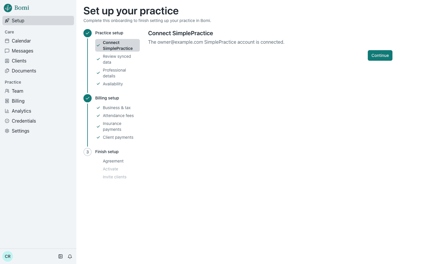 The Connect SimplePractice step in Bomi setup, showing the account as connected. Demo data.