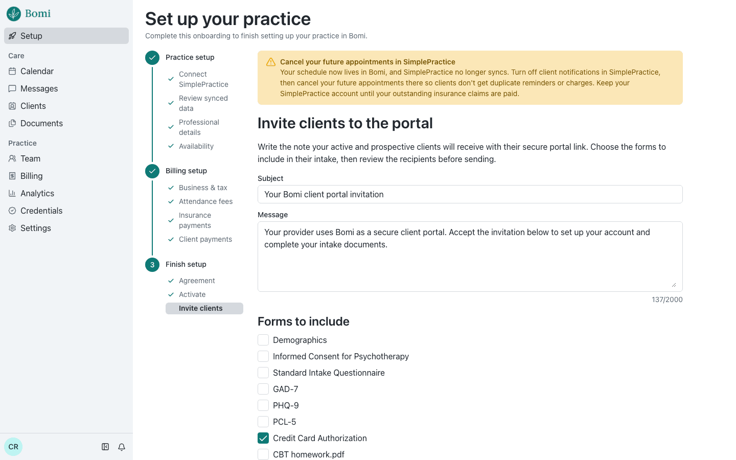 The Invite clients to the portal step with a subject, message, and intake forms to include. Demo data.
