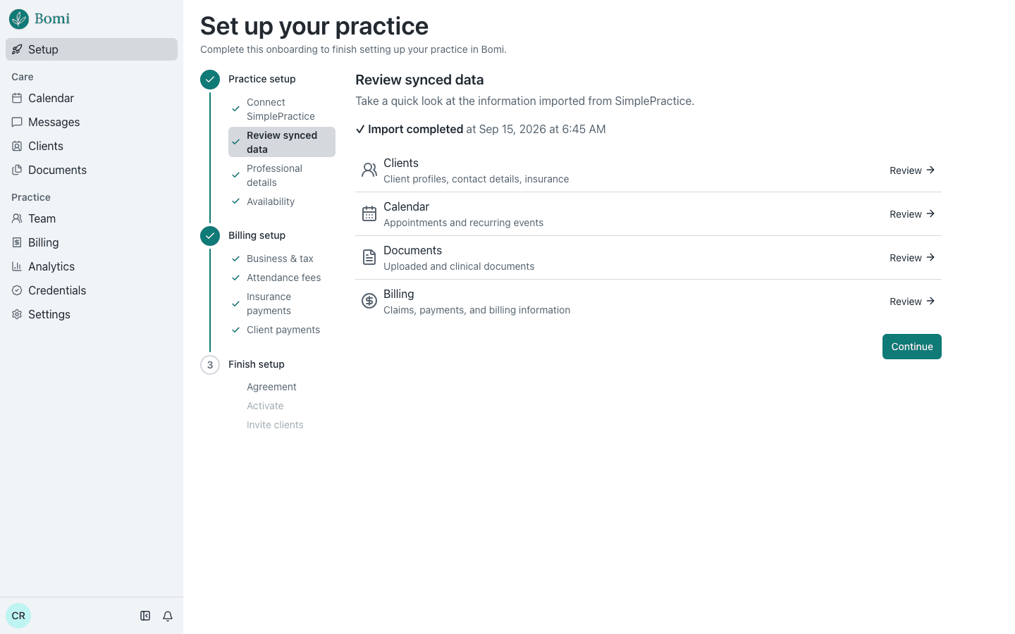The Review synced data step: Import completed, with review links for Clients, Calendar, Documents, and Billing. Demo data.