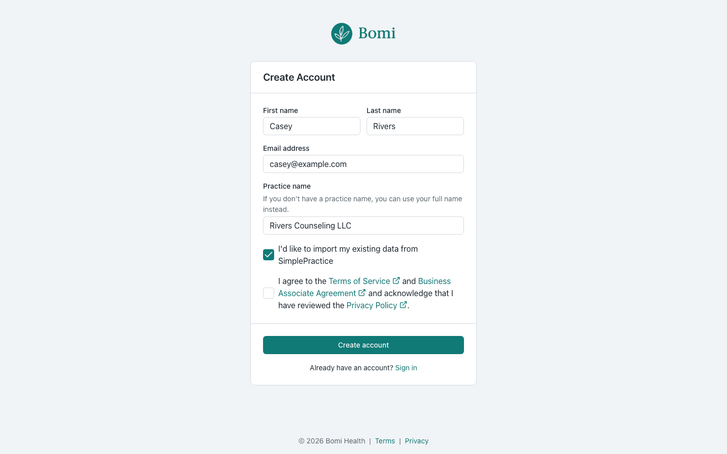 The Bomi EHR sign-up form with the "import my existing data from SimplePractice" box ticked. Demo data.