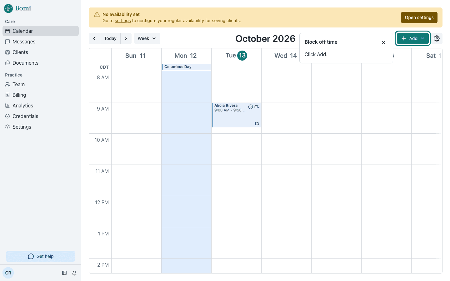 Help in Bomi EHR answering “How do I block off time for a day off?” and highlighting the Add button on the calendar.