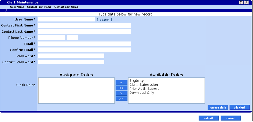 Clerk Maintenance username Search, Available Roles, Assigned Roles, Add Clerk and Submit controls