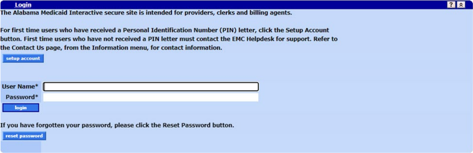 Alabama Medicaid Secure Site username, password and Login controls with setup and reset links