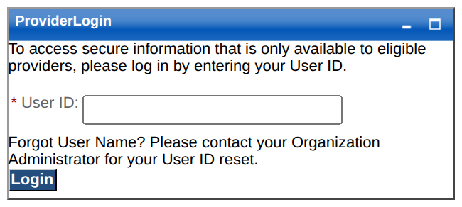 ProviderLogin panel with User ID, Organization Administrator reset message and Login