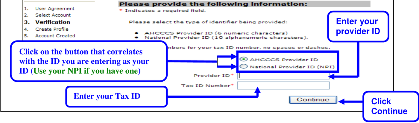 AHCCCS Online registration verification screen with provider ID or NPI and tax ID fields