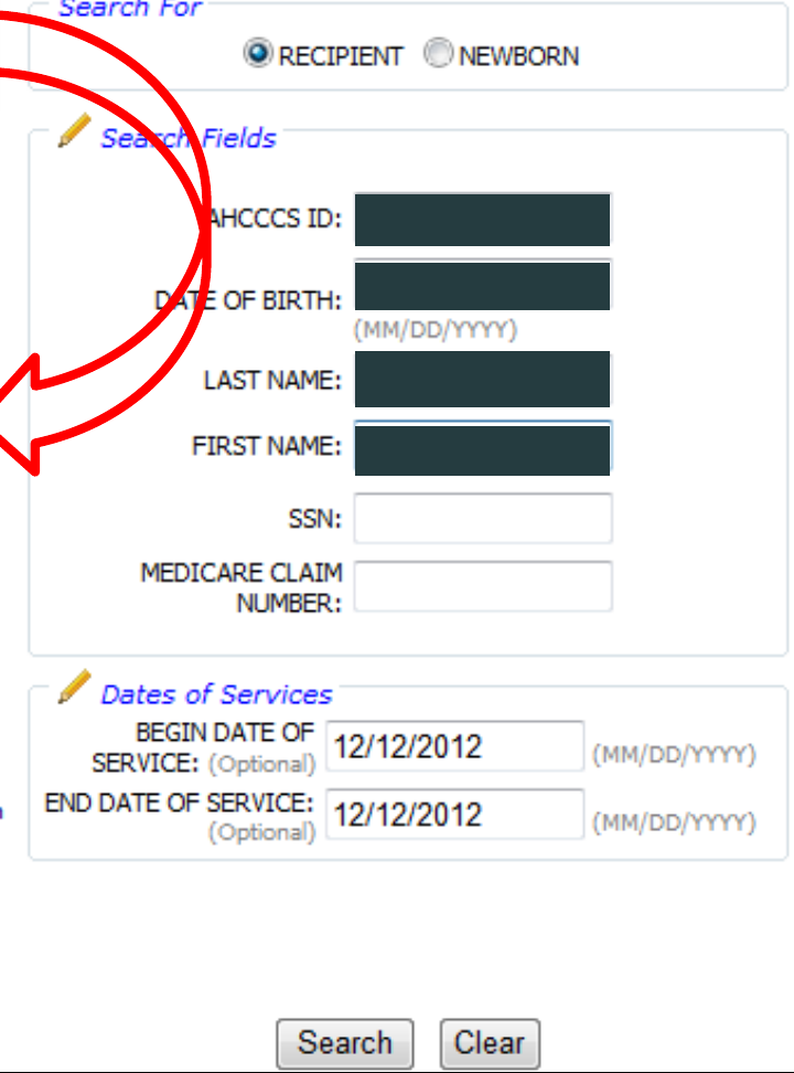 AHCCCS Online Recipient Search with member identifiers, dates of service, Search and Clear; sample identifiers redacted