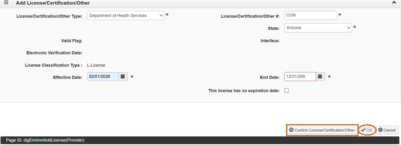 APEP Add License/Certification/Other form with Confirm License/Certification/Other and OK marked