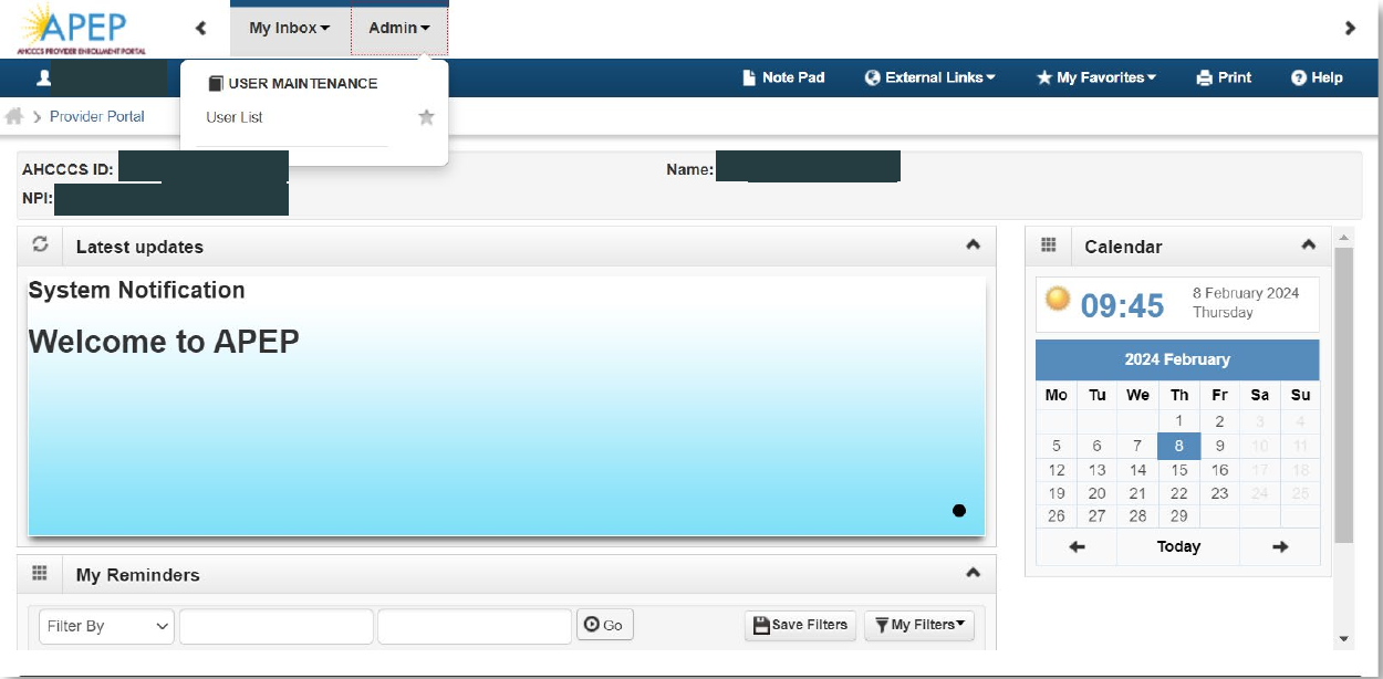 APEP Admin dropdown with User List visible above the provider dashboard; identifying sample fields redacted