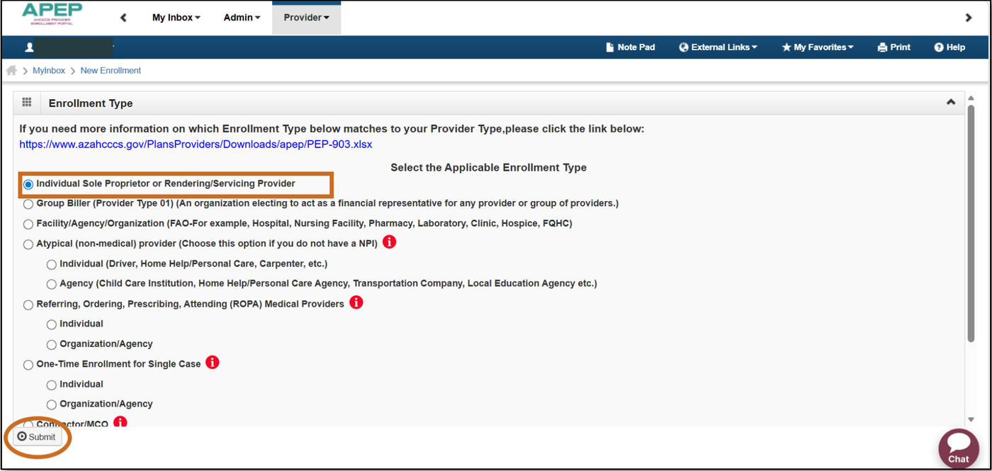 APEP Enrollment Type page with Individual Sole Proprietor or Rendering/Servicing Provider selected and Submit marked