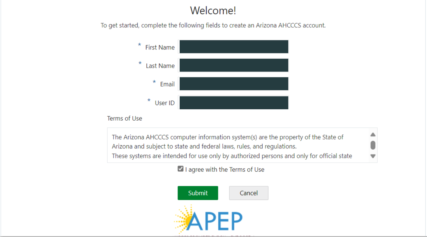 APEP Account Creation screen with personal name, email and User ID fields and Submit; sample values redacted
