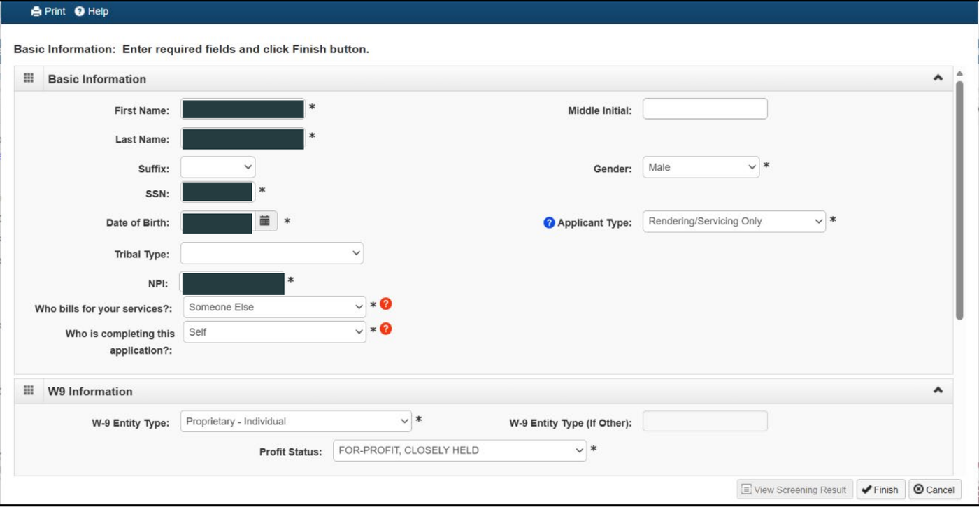 APEP Provider Basic Information form with applicant type and who bills for your services fields; sample identifiers redacted