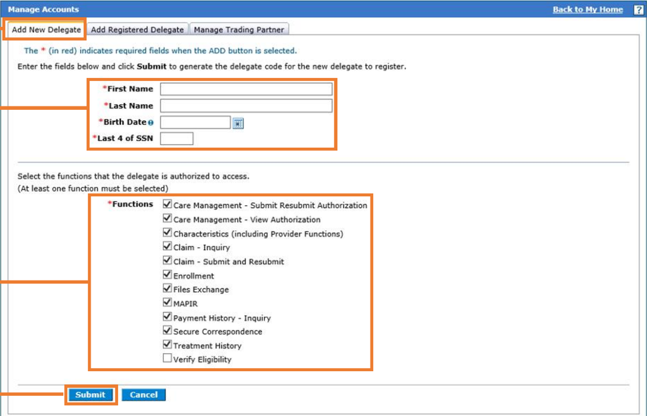 Add New Delegate form with person fields, Functions and Submit controls