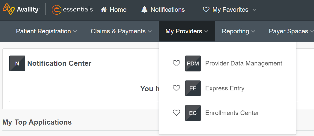 My Providers menu with Provider Data Management, Express Entry and Enrollments Center