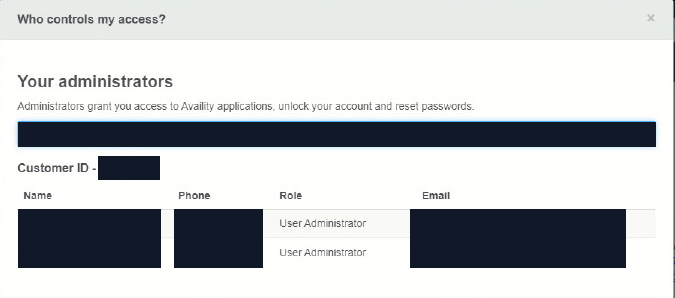 Who controls my access dialog with Your administrators, Customer ID, Name, Phone, Role and Email labels, User Administrator roles and opaque boxes over account values