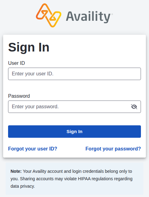 Availity Sign In card with blank User ID and Password fields, Sign In, Forgot your user ID and Forgot your password links