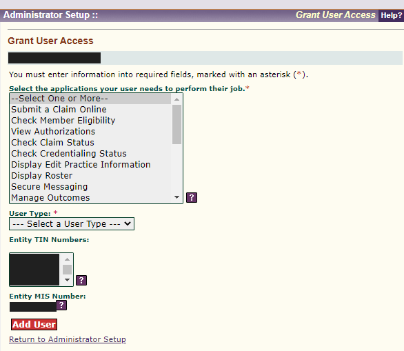 Grant User Access with application choices, User Type, Entity TIN Numbers, Entity MIS Number and Add User; sample identity values masked