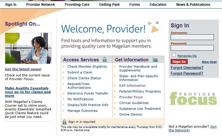 Magellan provider home page with Username and Password fields, Sign In, New User, Forgot Username and Forgot Password