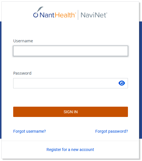 NaviNet sign-in panel with empty Username and Password fields, Sign In, Forgot username, Forgot password and Register for a new account