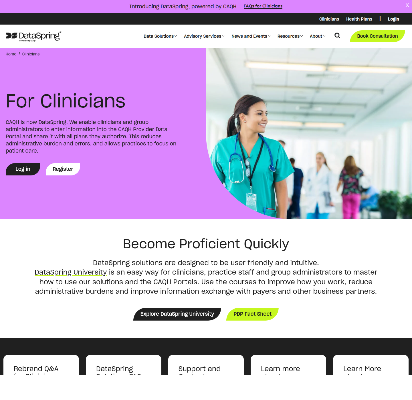 DataSpring clinicians page showing CAQH Provider Data Portal login and registration options