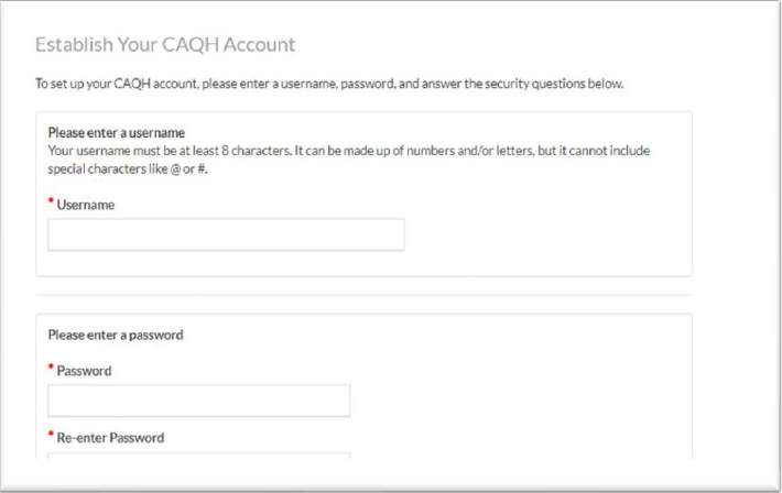 Establish Your CAQH Account form with blank username and password fields