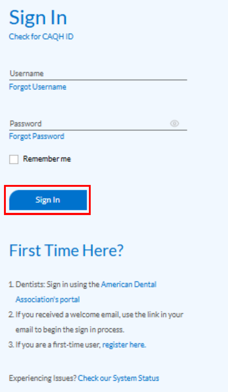 Provider Data Portal Sign In with username and password recovery and first-time registration link