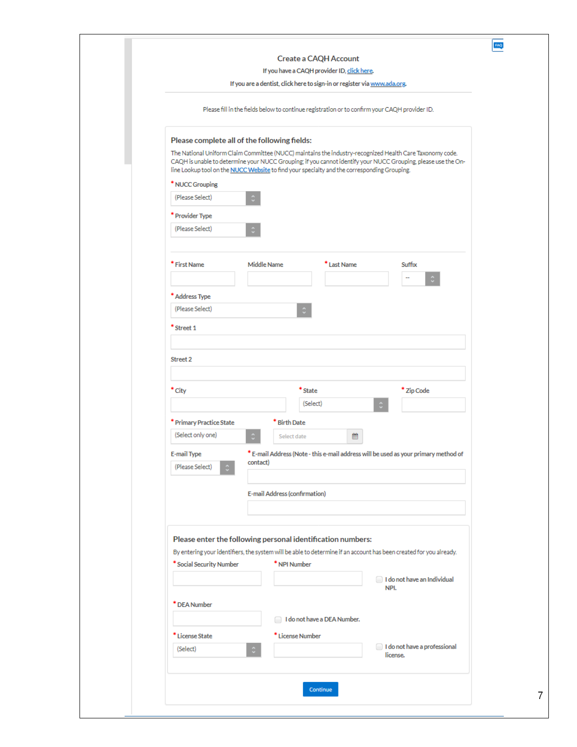 CAQH account creation form asking for provider type, name, address, NPI, license, and related identifiers