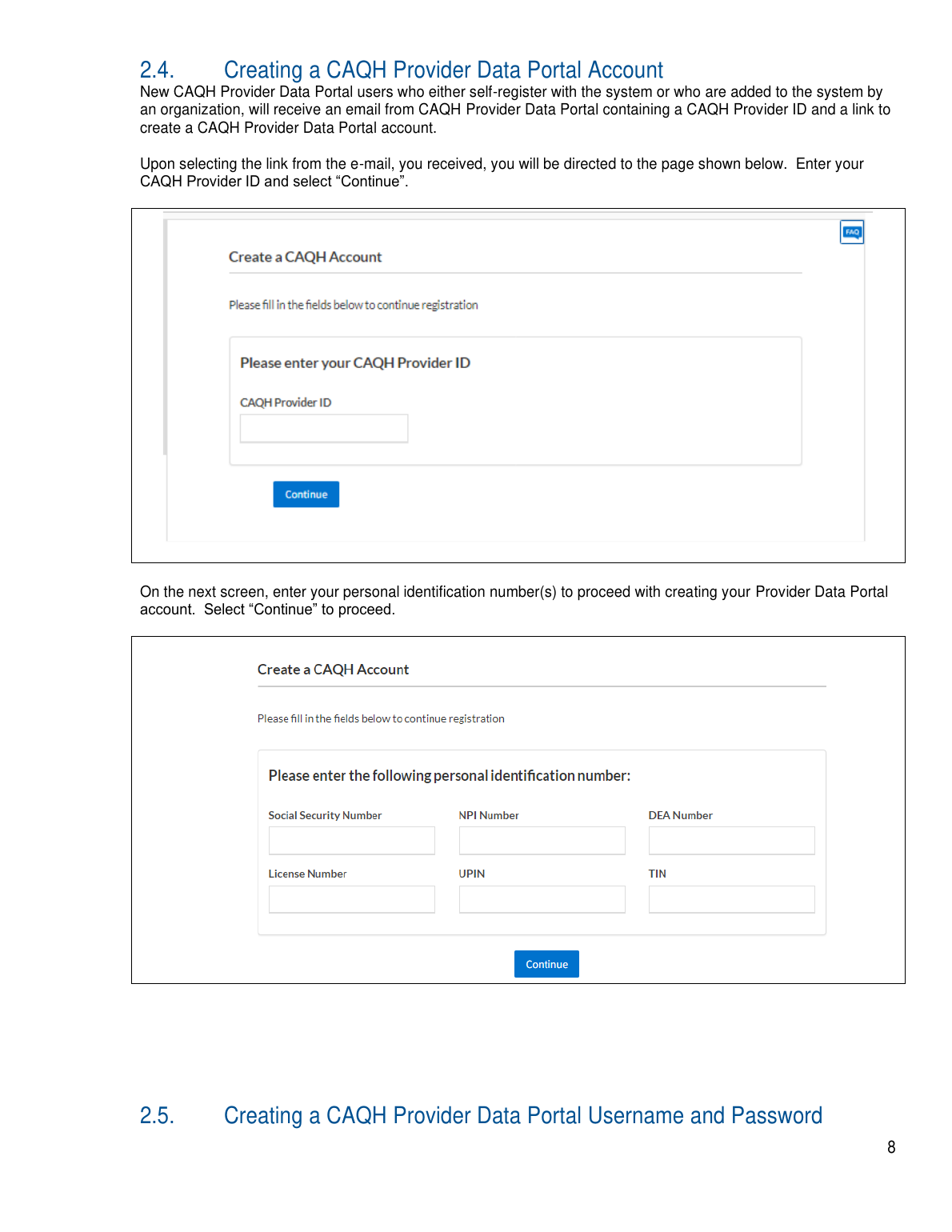 CAQH Provider User Guide page showing CAQH Provider ID and identity verification fields