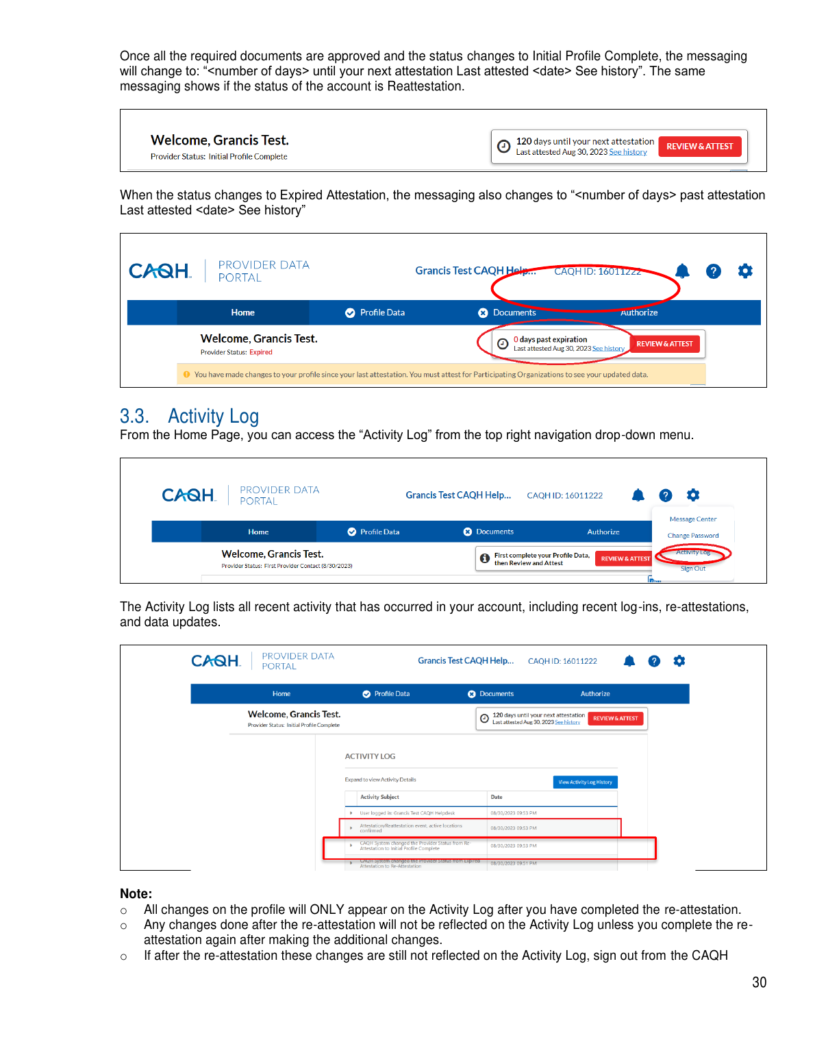 CAQH Provider User Guide page showing profile status, review and attest button, and expired attestation messaging