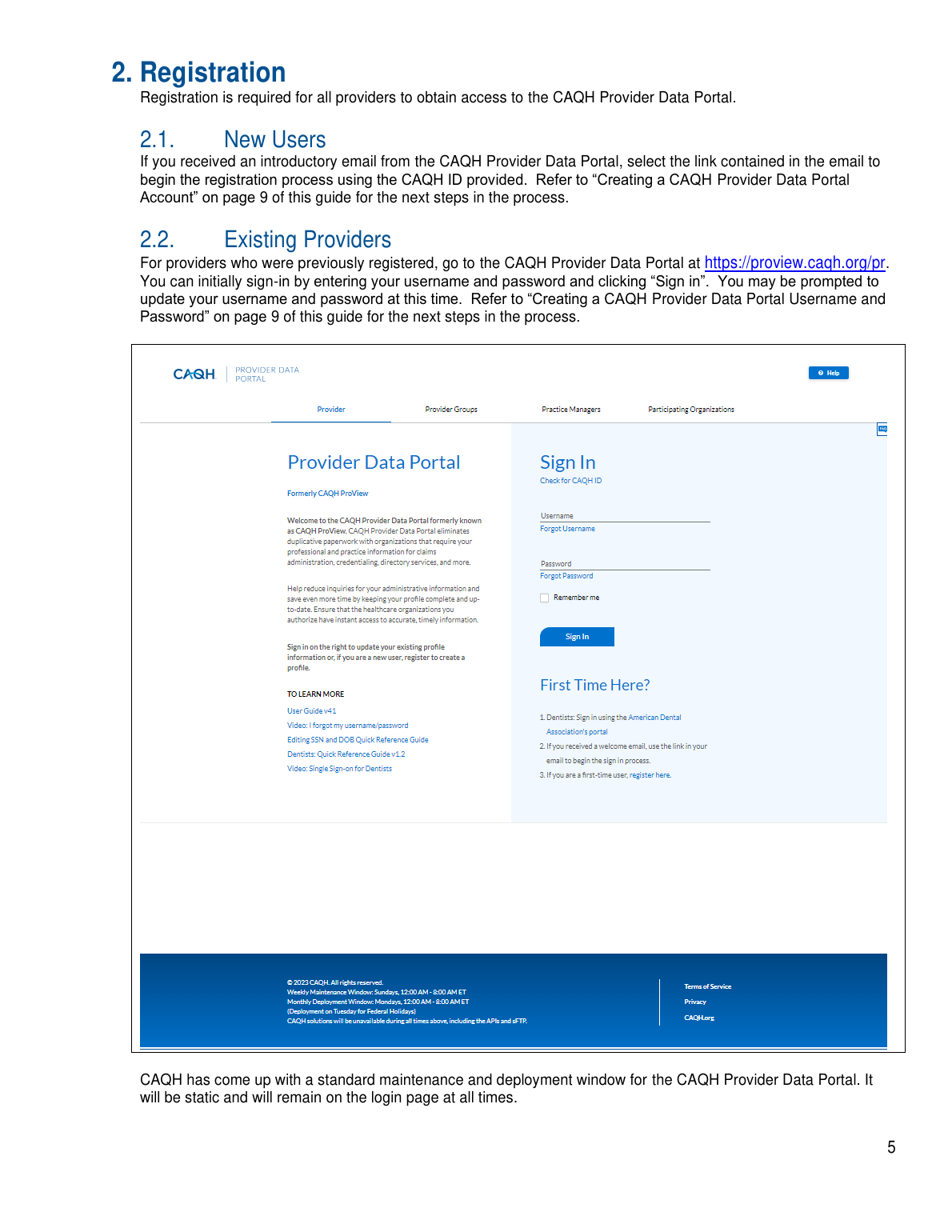 CAQH Provider User Guide page showing the Provider Data Portal sign-in and first-time registration area