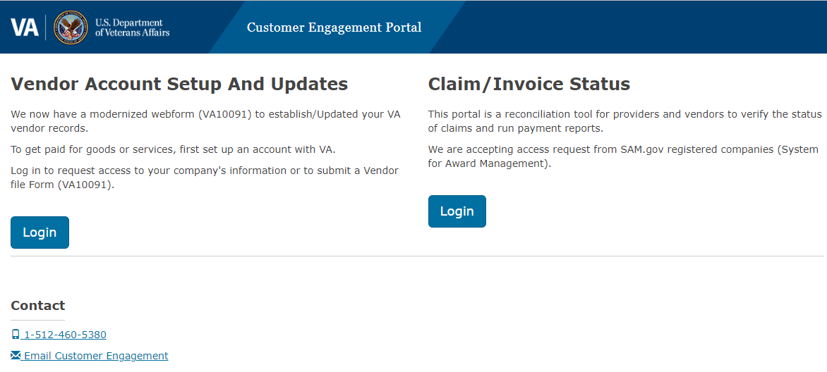 VA Customer Engagement Portal home with the Vendor Account Setup and Updates Login button on the left and the separate Claim/Invoice Status Login on the right