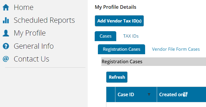 Customer Engagement Portal My Profile Details page with the Cases tab and the Vendor File Form Cases tab