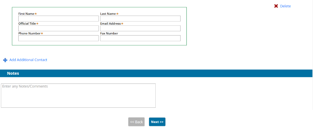 Blank additional authorized representative contact fields with the Add Additional Contact link and an optional Notes box