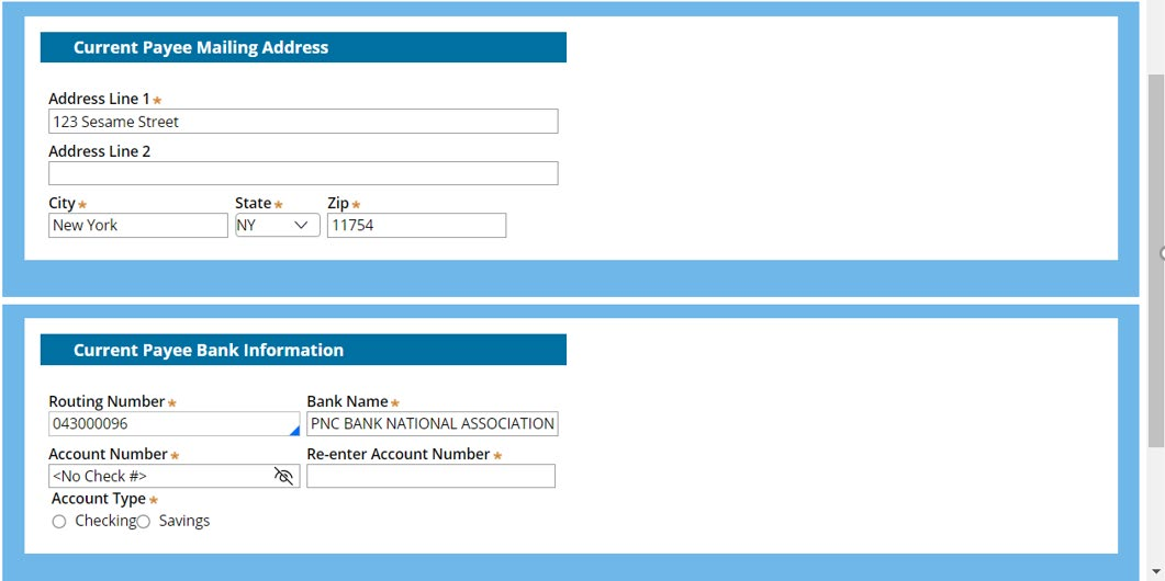 Vendor File Form Current Payee Mailing Address and Current Payee Bank Information sections with VA sample values