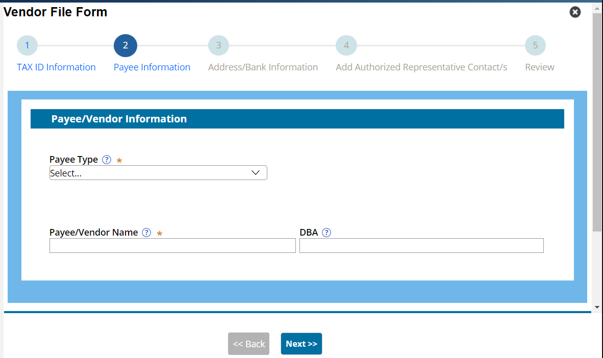 Vendor File Form Payee Information section with the Payee Type dropdown, Payee/Vendor Name, and DBA fields