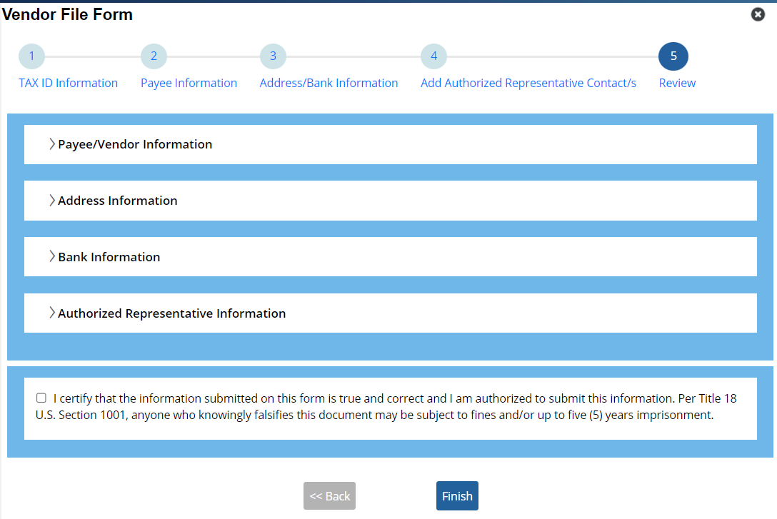 Vendor File Form Review step with collapsible sections, the certification checkbox, and the Finish button