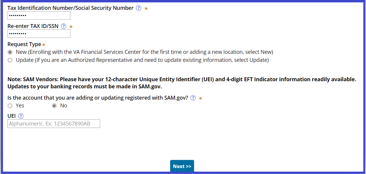Vendor File Form Tax ID section with masked TIN fields, Request Type set to New, and the SAM.gov question answered No
