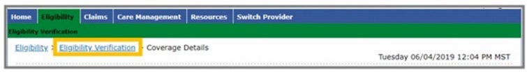 Health First Colorado Eligibility navigation with the Eligibility Verification tab highlighted and Coverage Details beside it.