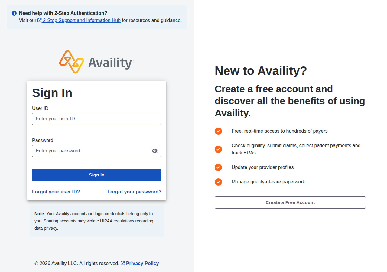 Availity Sign In with User ID, Password, recovery links and Create a Free Account