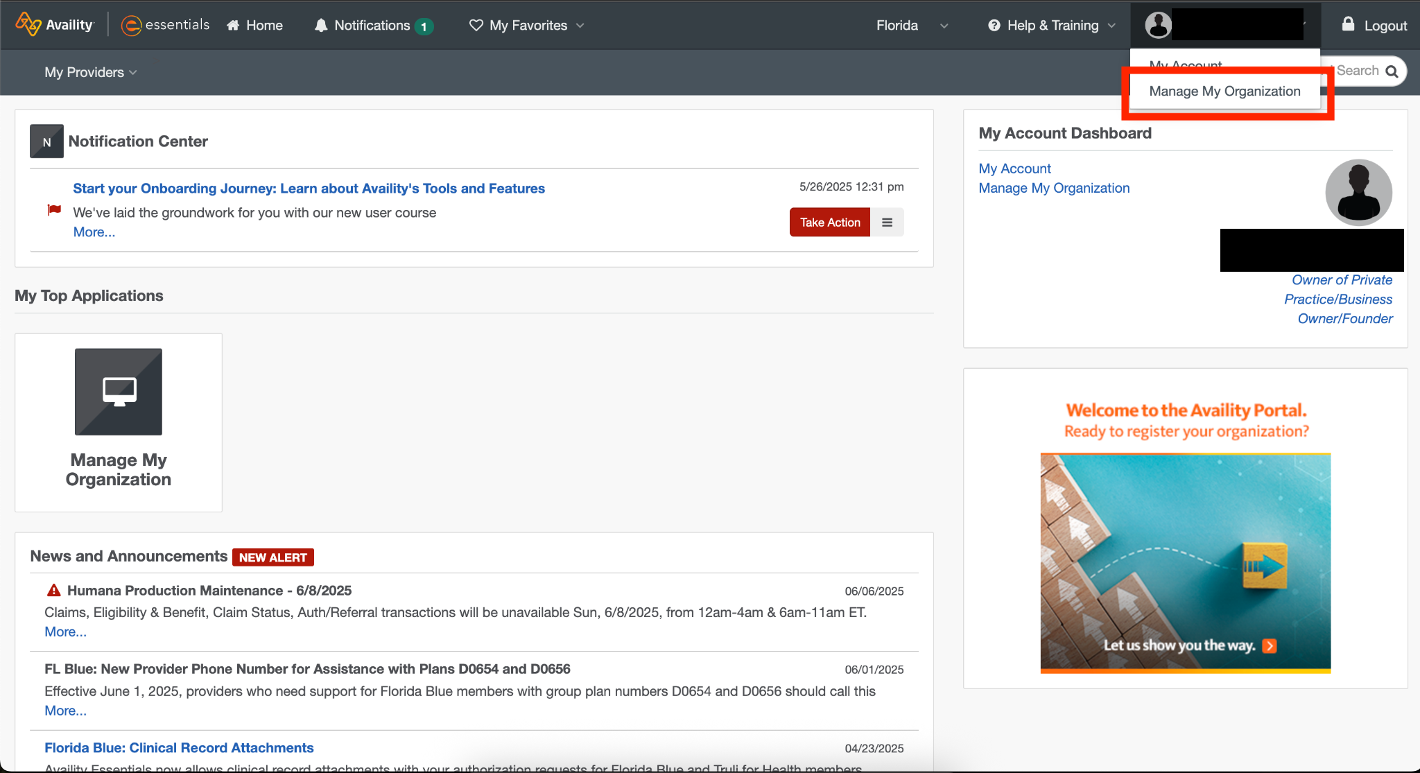 Availity dashboard and open menu with Manage My Organization highlighted; account name and email masked