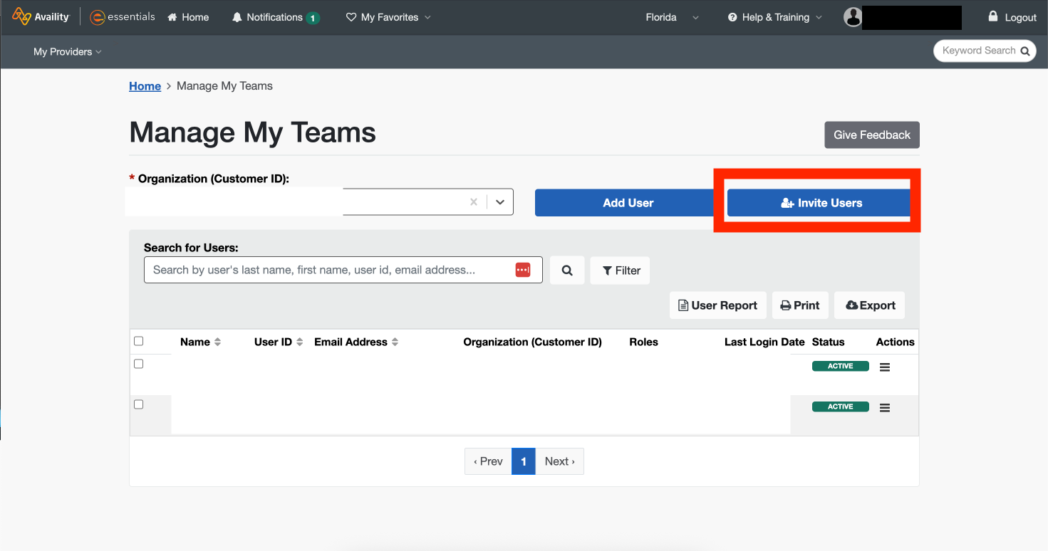 Availity Manage My Teams with Add User and highlighted Invite Users buttons; account-menu name masked