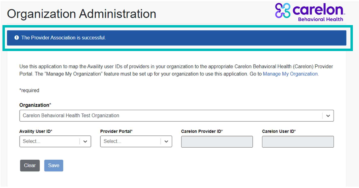 Organization Administration with Organization, Availity User ID, Provider Portal, Carelon Provider ID and Carelon User ID controls